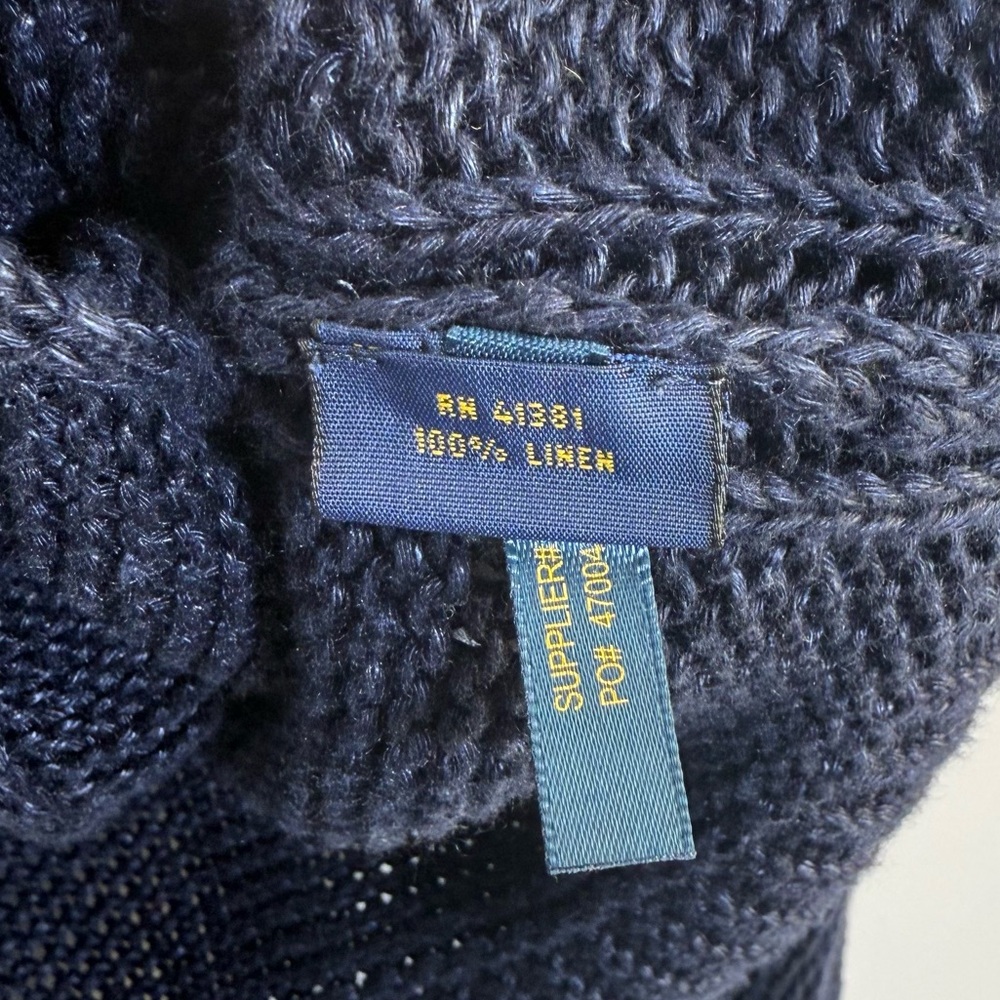 POLO RALPH LAUREN LINEN CARDIGAN SWEATER NAVY BLUE S OPEN CHUNKY KNIT V-NECK - Picture 7 of 14